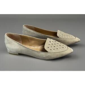TAHARI “Esther” Suede Flat Sz 6M Pointy Toe Grommet Vamp Beige Leather Feminine
